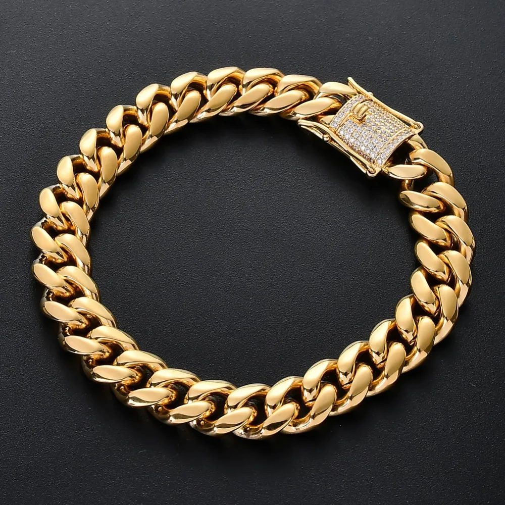 

10MM Iced Copper CZ Clasp Stainless Steel Cuban Chain Bracelet 7" 8"Men's Hip Hop Bracelets B025
