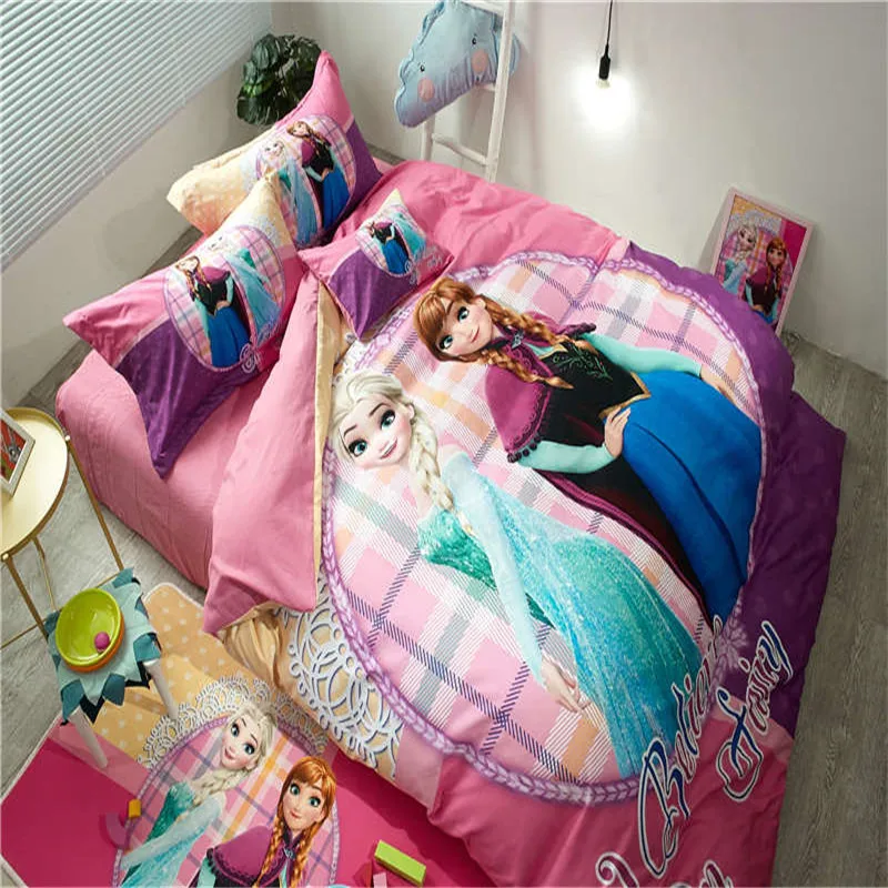 

Pink Frozen cartoon bed sheet set 3/4/5pc cute girl kids bedings Elsa comforter cover 3d cotton sanding bedpreads single queen