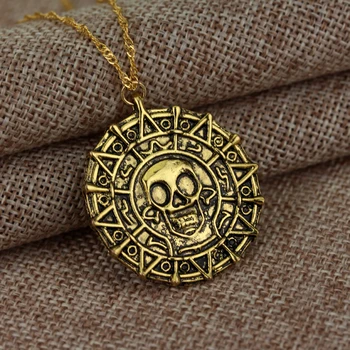 

Hot Pirates Of The Caribbean Necklace Jack Sparrow Aztec Coin Medallion Vintage Gold Bronze Silve Pendant Wholesale