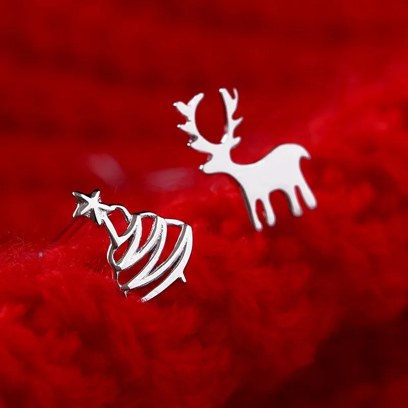 

H:HYDE lovely Small Deer Christmas Tree Stud Earrings For Women Girls Sliver Color Metal Asymmetric Earrings Temperament Jewelry