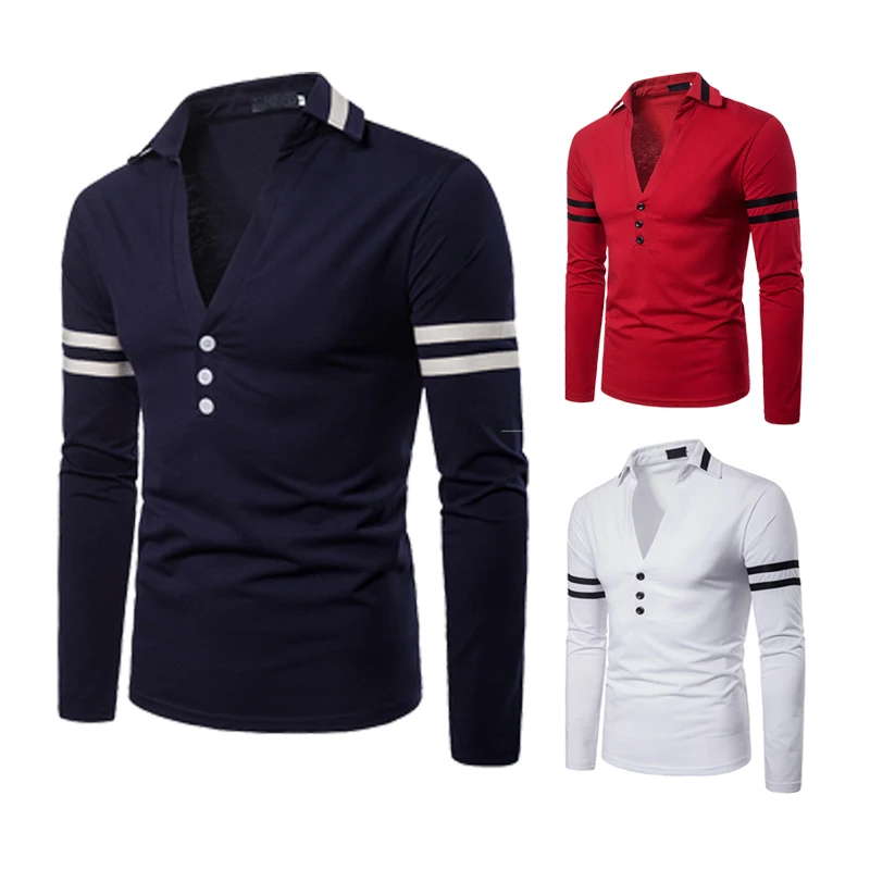 Европейская и американская мужская одежда на осень и зиму, однотонный дизайн тела, глубокий v-образный дизайн, Мужская рубашка поло с отворотом и длинным рукавом