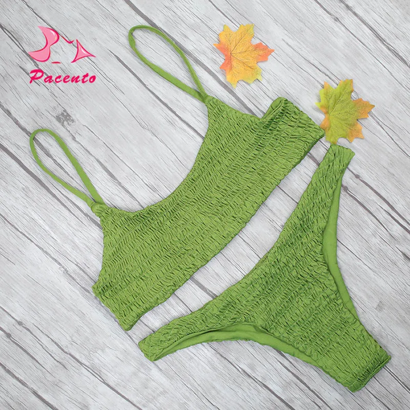 Pacento 2018 Solid Seersucker Bikini Set Sexy Swimwear Sale Thong Swimsuit Female Sling Biquini