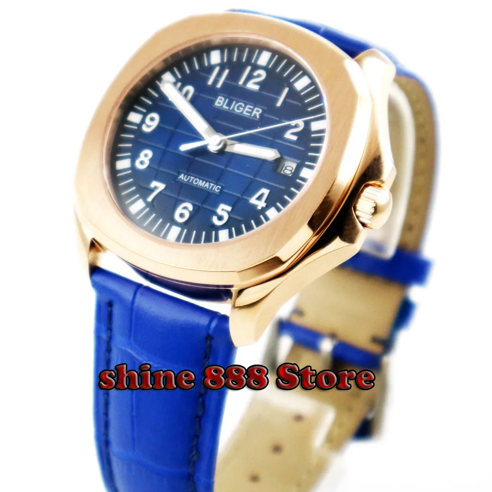 

39mm Bliger Blue dial Luminous Automatic Movement Rose Gold Date men's Watches