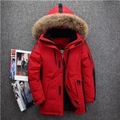 Новое поступление, русские зимние куртки для мужчин, пальто средней длины с меховым воротником, толстый мужской пуховик, ветронепроницаемый, doudoune hiver homme - Цвет: Красный
