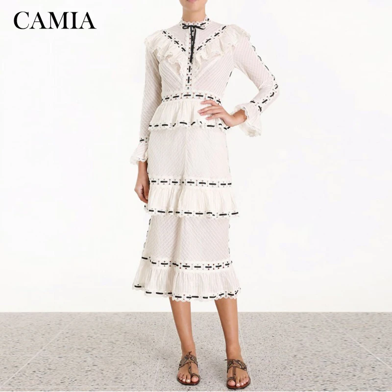 

CAMIA Summer ZIM Designer Medium Long Dress Ruffled Long Sleeve Lace White Patchwork Dress High Street Fashion Dress