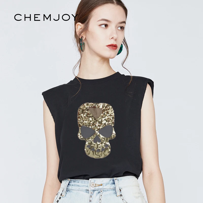 

Gold Silver Skull Sequin Patches Sewing on Motif Applique Large Sticker for Clothes T-shirts Sequined Patch DIY Accessory Badges