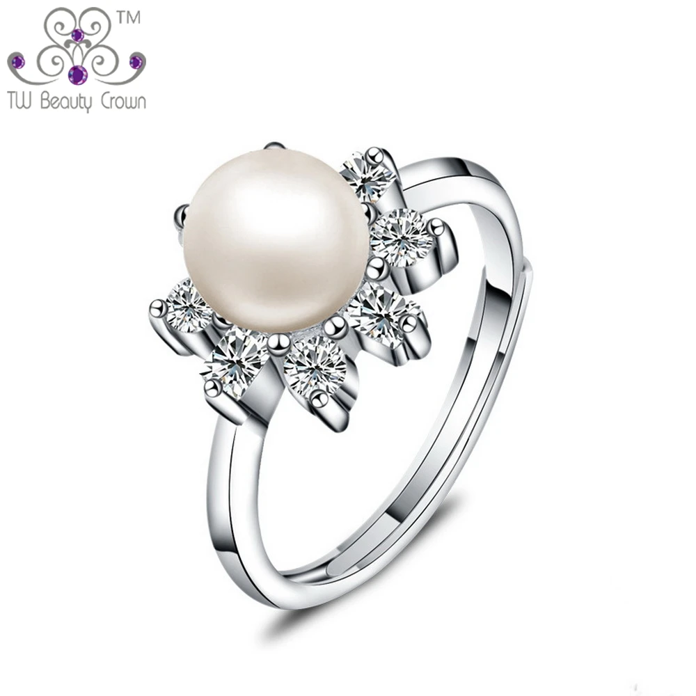 

2017 New Real 925 Pure Silver Vintage White Natural Freshwater Pearls Sun Flower Ring For Women Fashion Engagement Party Jewelry