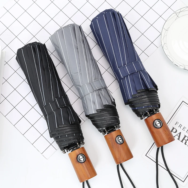 

LIBERAINY Fully-automatic fashion wooden handle resistance to wind and rain UV three-folding stripe sunshade umbrella