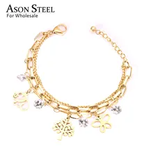 Асон стали уникальный удлинитель звенья цепи браслеты из нержавеющей стали золотого цвета дерево с круглым кубическим цирконием регулируемые браслеты