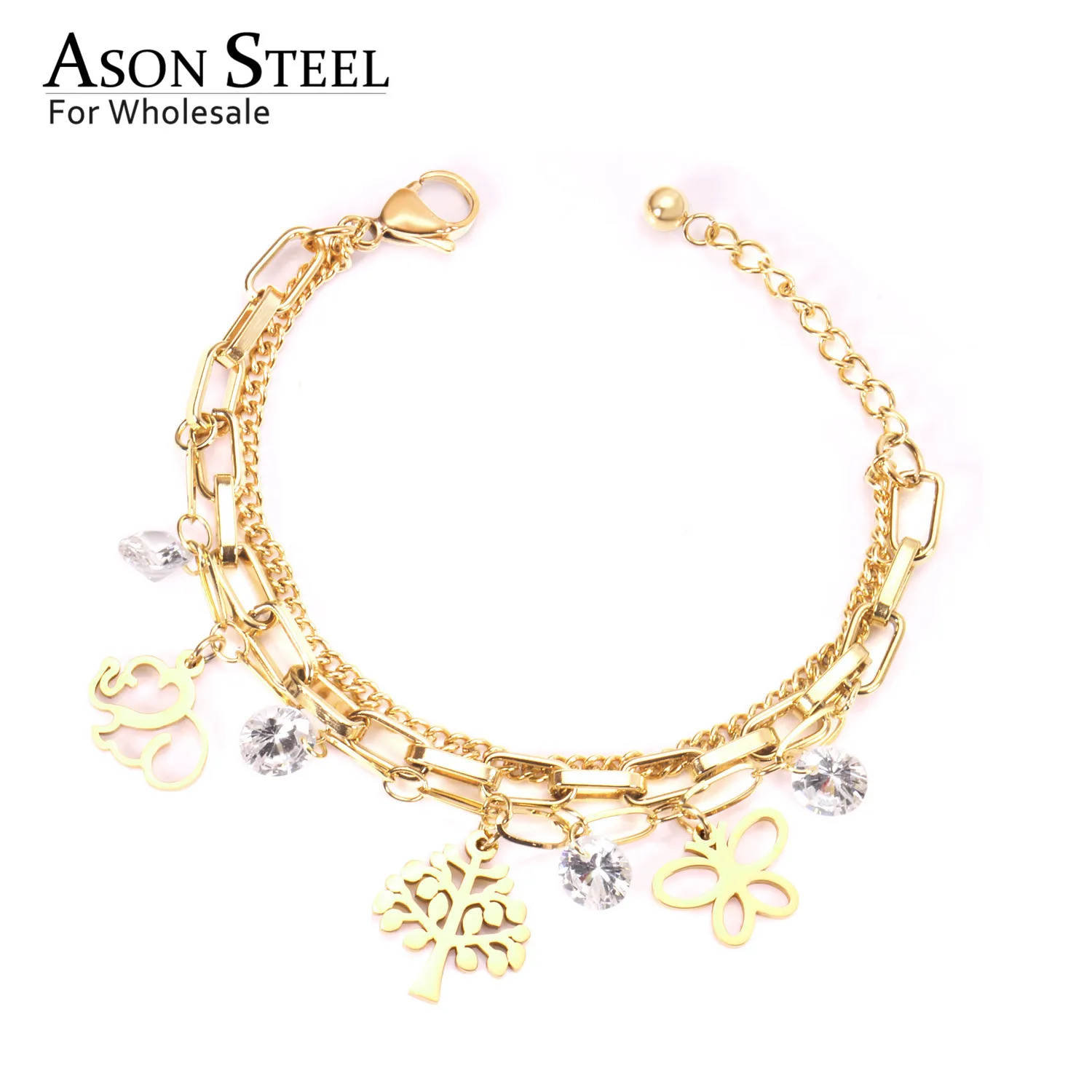

ASONSTEEL Unique Extender Link Chain Bracelets Stainless Steel Gold Color Tree With Round Cubic Zirconia Adjustable Bracelets