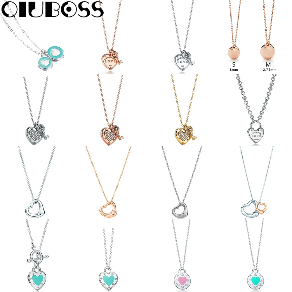 

QIUBOSS TIFF 925 Sterling Silver Heart Pendant Necklace Rose Gold Green 18K Gold Clavicle Chain Original Women DIY Gift
