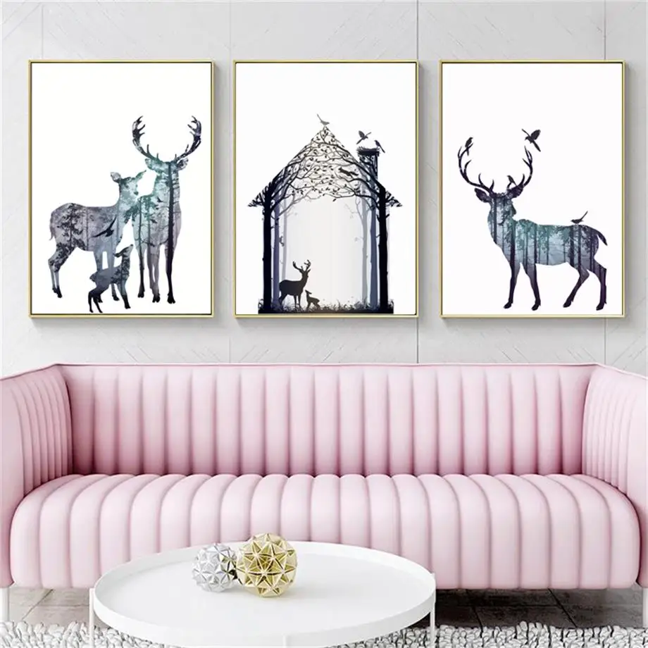 Плакаты на скандинавскую тему олень лес палатка для птиц Wall Art Постеры холсты