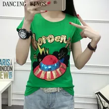 Женская футболка с коротким рукавом, весна и лето, хлопковая Футболка с блестками и круглым вырезом