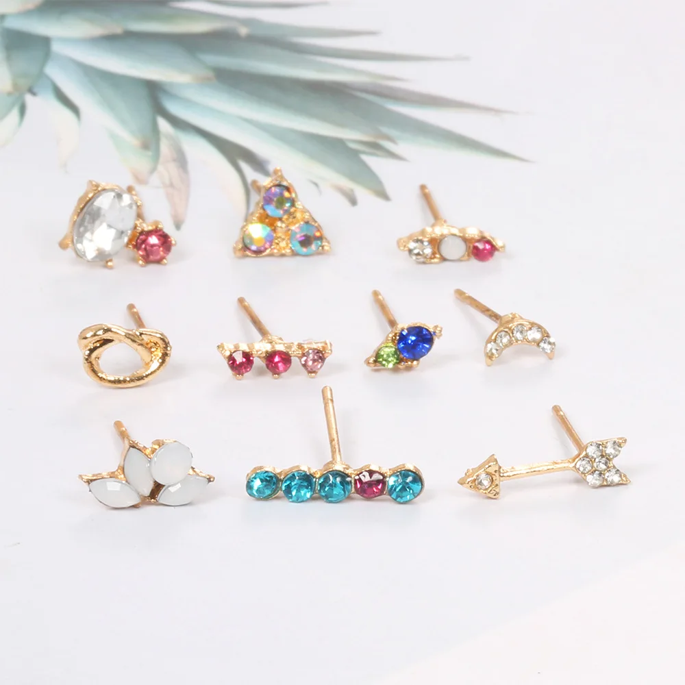 5 Pairs Minimalist Mix Small Crystal Moon Arrow Flower Earring Set Simple Geometric Stud Earrings for Women Girls Tiny Ear Studs