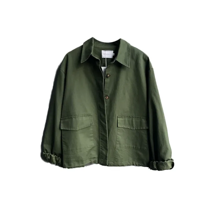 Autumn Safair Style Women Solid Jackets Turn-down Collar Full Sleeve Pocket Straight Work Clothes Korean Loose Yellow Green Coat