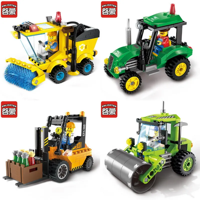 ENLIGHTEN City Construction Road Roller Forklift Truck Tractor Sweeper Truck Building Blocks Kids Toy Compatible Legoe Bricks