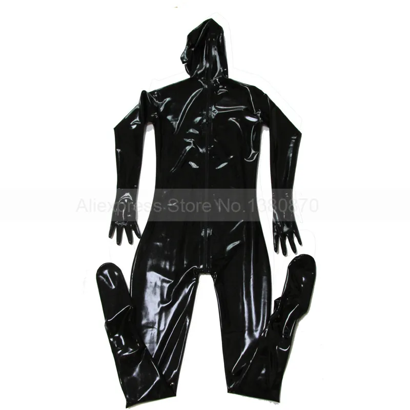 Однотонный черный латексный мужской комбинезон, резиновый латексный костюм зентай с капюшоном, перчатки, носки, прикрепленные S-LCM072
