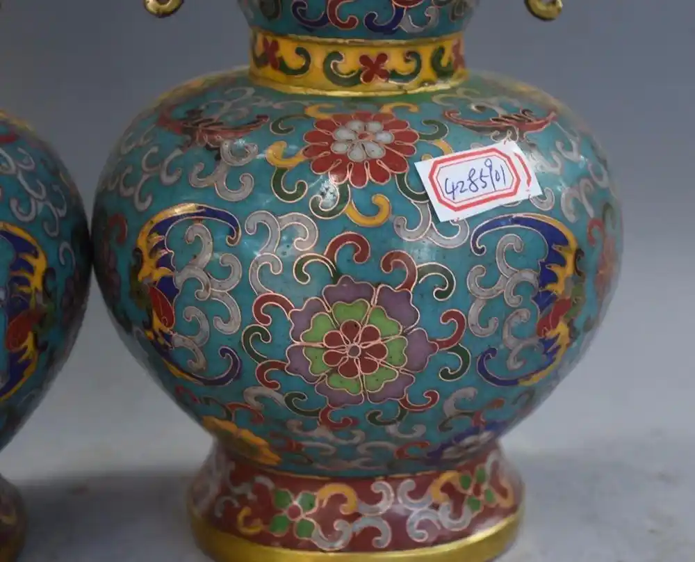 Collect Chinese pure copper gilt silvering Cloisonne carved Flower Vase A pair