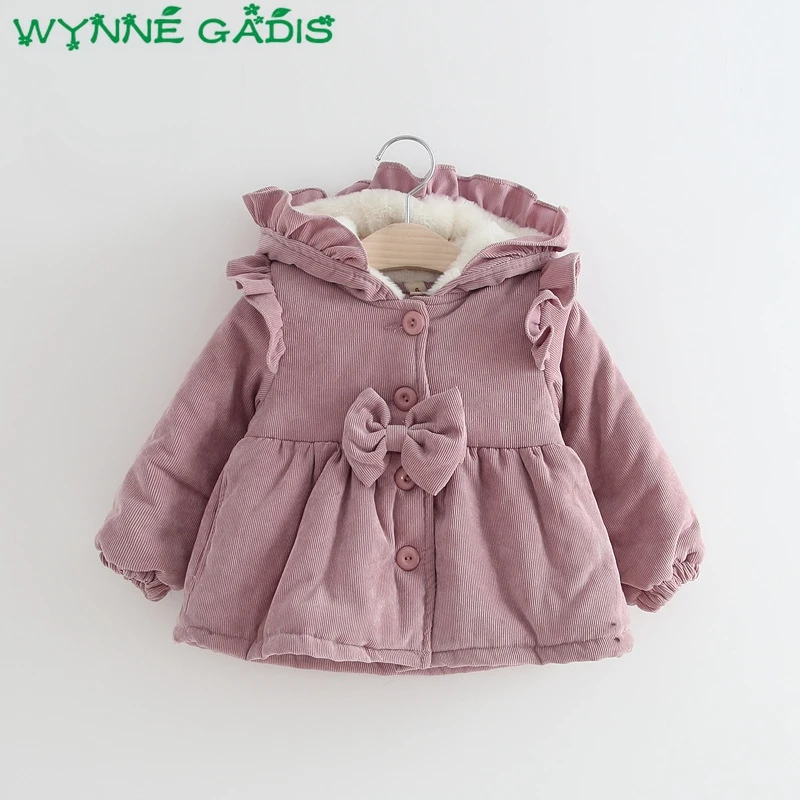 

WYNNE GADIS Winter Baby Girls Ruffles Hooded Thicken Feece Princess Bow Corduroy Warm Jacket Kids Outerwear Coat casaco
