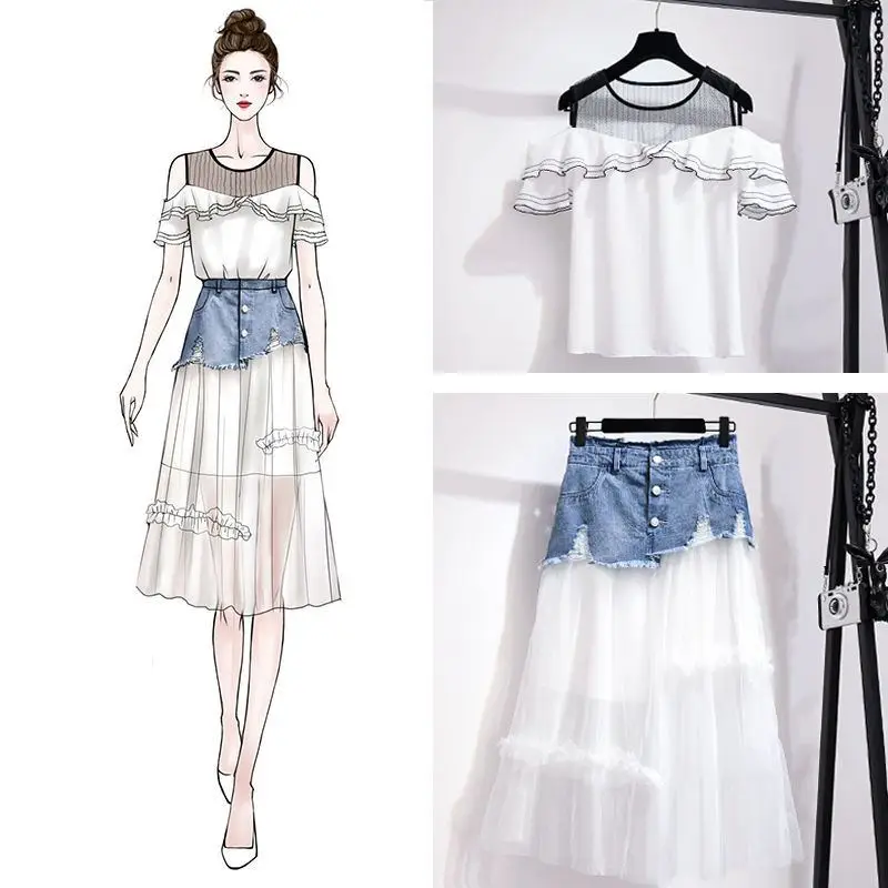 

2019 Summer Women Mesh Patchwork Ruffles Off Shoulder Shirt+Jean Patchwork Mesh Asymmetry Skirt Suit Lady Sweet Party Set Z209