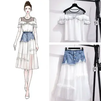 

2019 Summer Women Mesh Patchwork Ruffles Off Shoulder Shirt+Jean Patchwork Mesh Asymmetry Skirt Suit Lady Sweet Party Set Z209