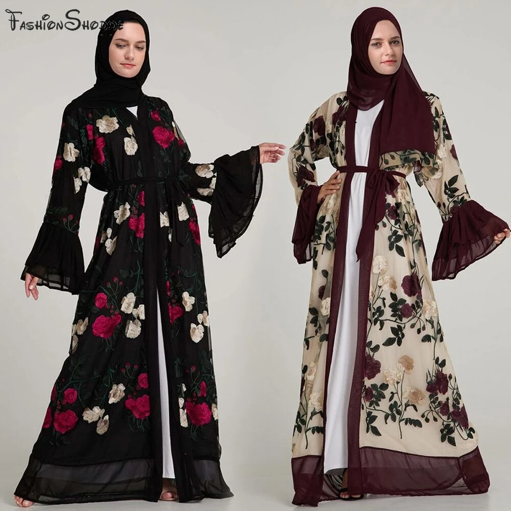 Роскошные мусульманские платья с цветочной вышивкой Abaya кардиган расклешенными