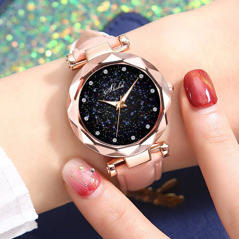 

Women Quartz Watch Round Star Dial Wrist Watch with Perforated Frosted Strap XIN-Shipping