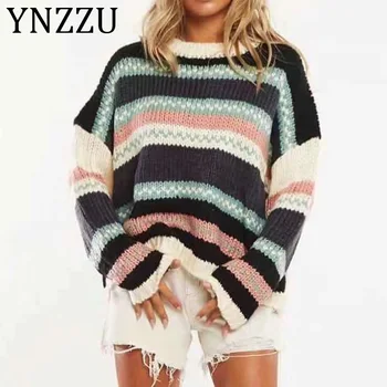 

YNZZU Winter Batwing sleeve knitted Sweater Pullover Women 2019 Autumn Loose Round Neck Striped Female Jumper Pull Femme AT312
