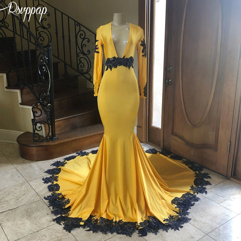 

Long Prom Dresses 2020 Elegant V-neck Long Sleeves Black Lace African Real Sample Gold Mermaid Prom Dress