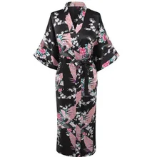 Плюс Размеры XXXL Летние пикантные черные сапоги ночная рубашка Для женщин халат атлас, искусственный шелк принт одежда для сна с длинными рукавами кимоно Банный халат пижама с цветами NR191