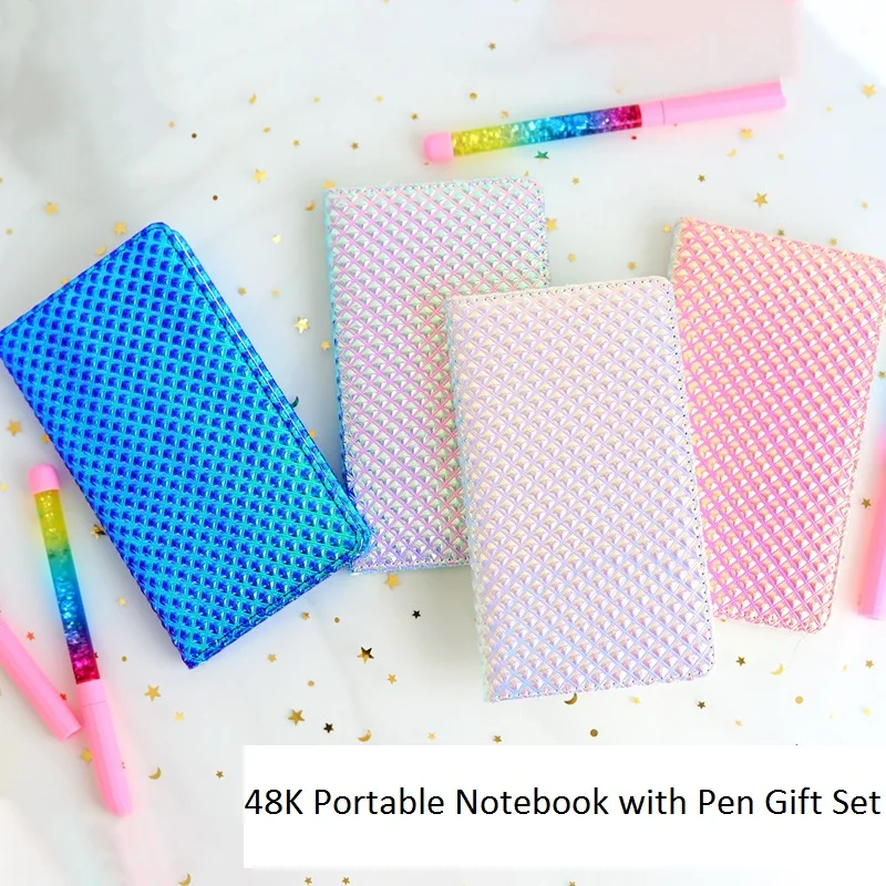 

48K Lovely Portable Notebook with Pens, Personal Diary Planner 96sheets Grid Ruled Pages
