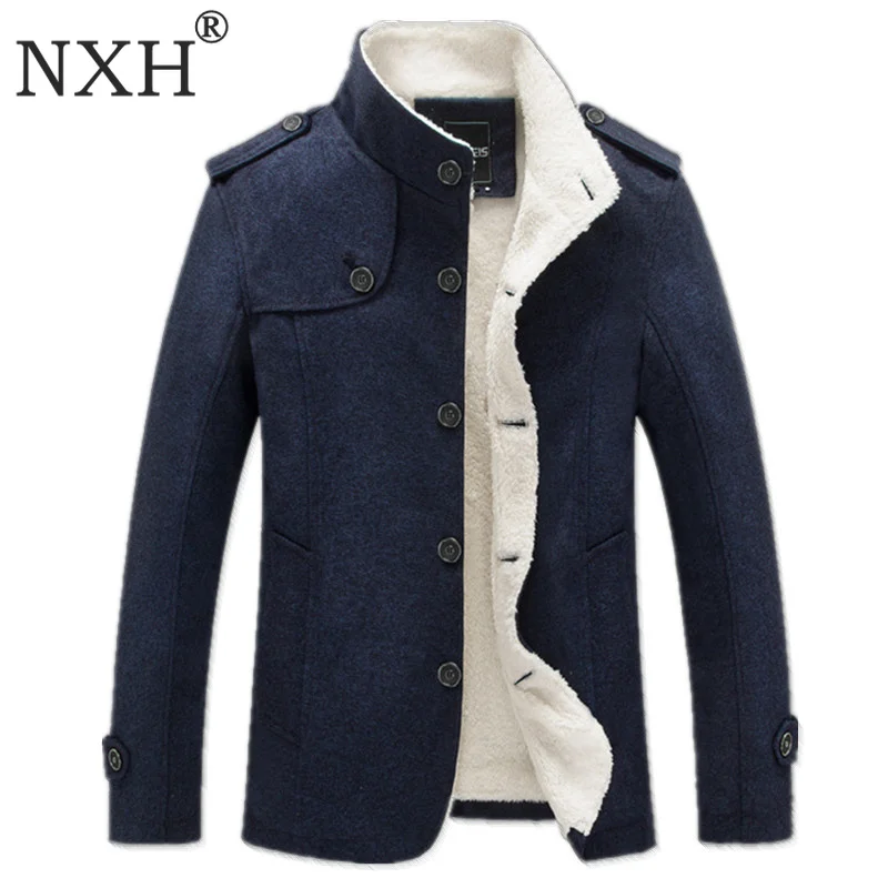 

NXH Winter Men Coat Fashion Brand Clothing Fleece Lined Thick Warm Woolen Overcoat Male Wool Blend men wool coat lining fur