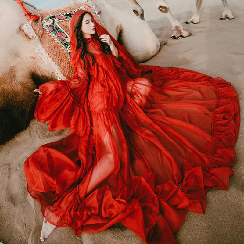 

Yi Lin Kay 2019 spring and summer personality fashion Folk customs ruffles flare sleeve red chiffon vintage dress maxi dress