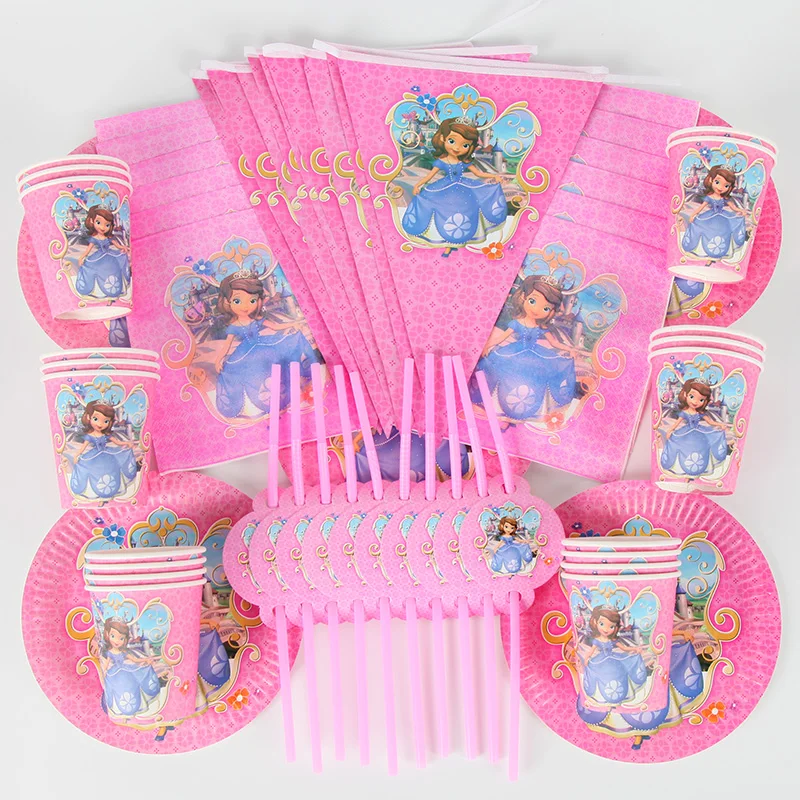 Для 20 детей девушки день рождения поставки принцесса София вечерние украшения наборы бумажные тарелки чашки, ребенок, Душ