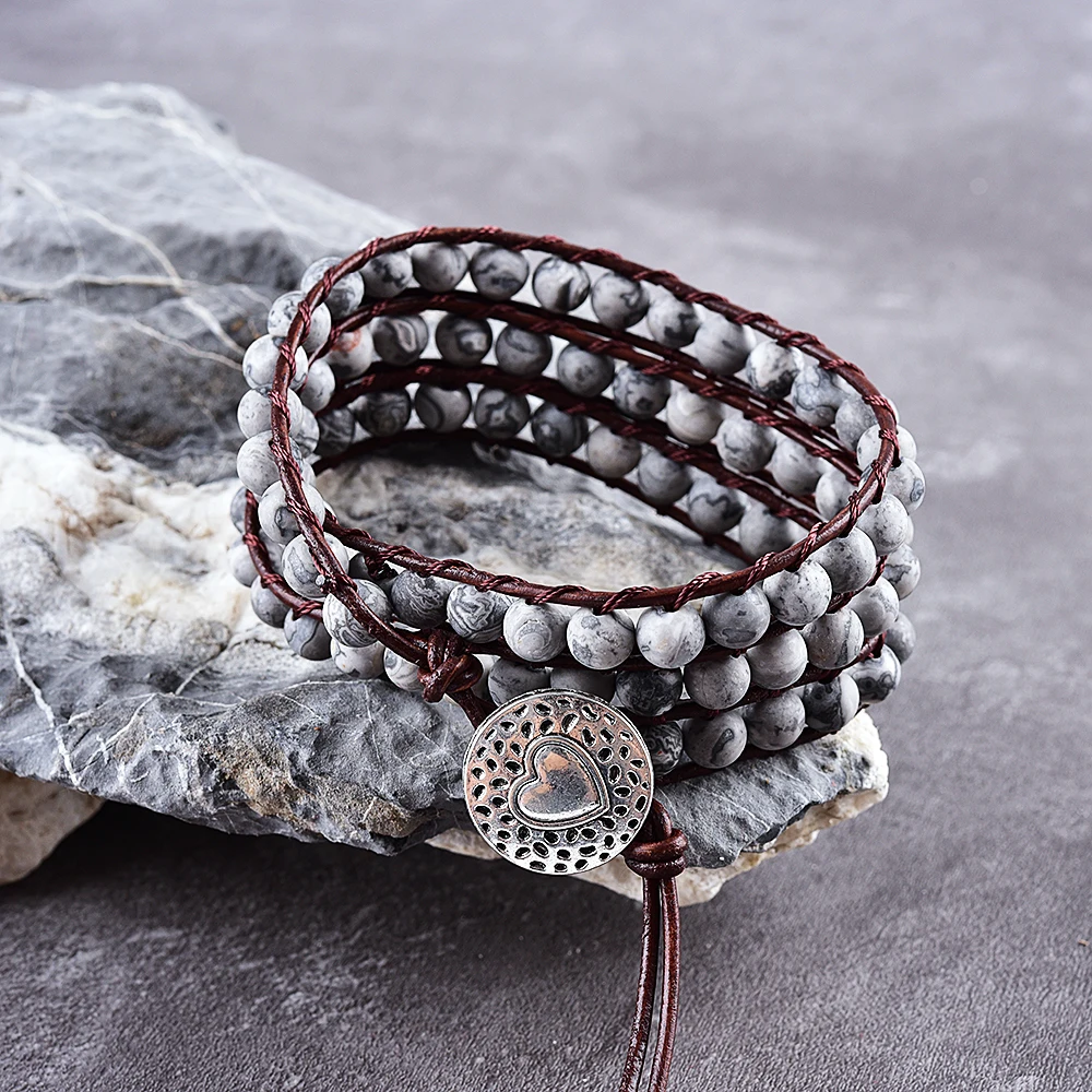 

Asingeloo Matte Natural Grey Map Stone Beads Leather Bohemia 3 Wraps Bracelets Handmade Vintage Jewelry Bracelet for Women