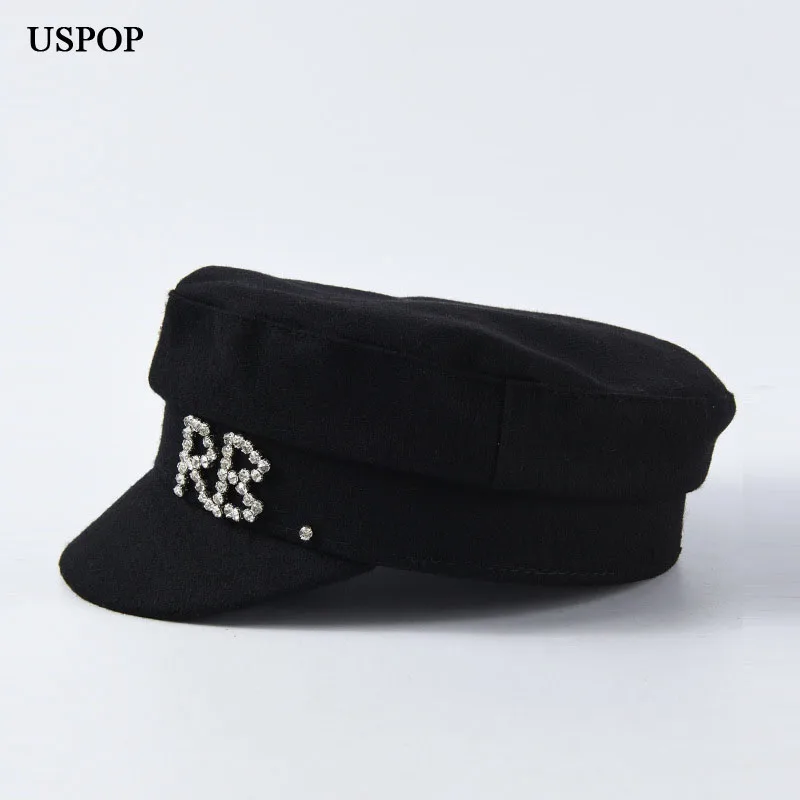 Najtaniej USPOP 2019 nowe czapki zimowe dla kobiet wełniane gazeciarz czapki diamentowe litery grube płasko zakończony daszki ochronne wojskowe czapki