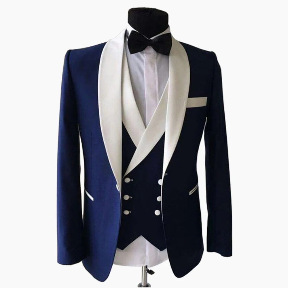 Navy Blue Grooms Tuxedos White Wedding Suits For Men shawl collar Slim Fit Suits Three Piece
