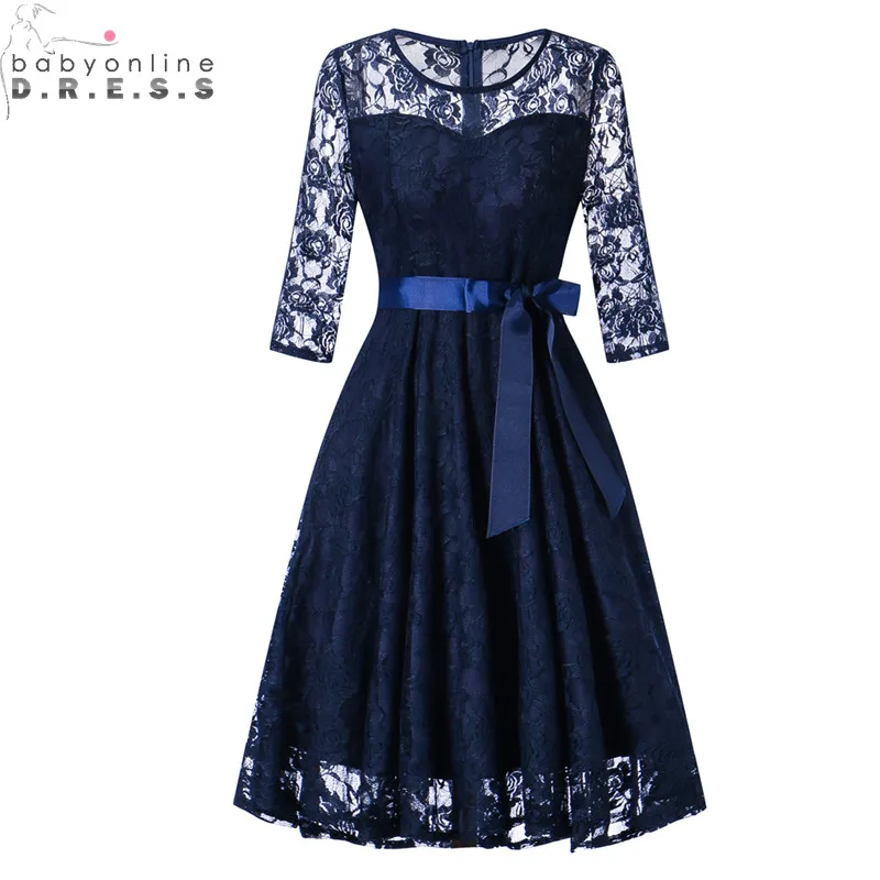 

Babyonlinedress Vintage Three Quarter Sleeve Short Lace Evening Dress Cheap Party Dresses with Sashes Robe de Soiree Courte