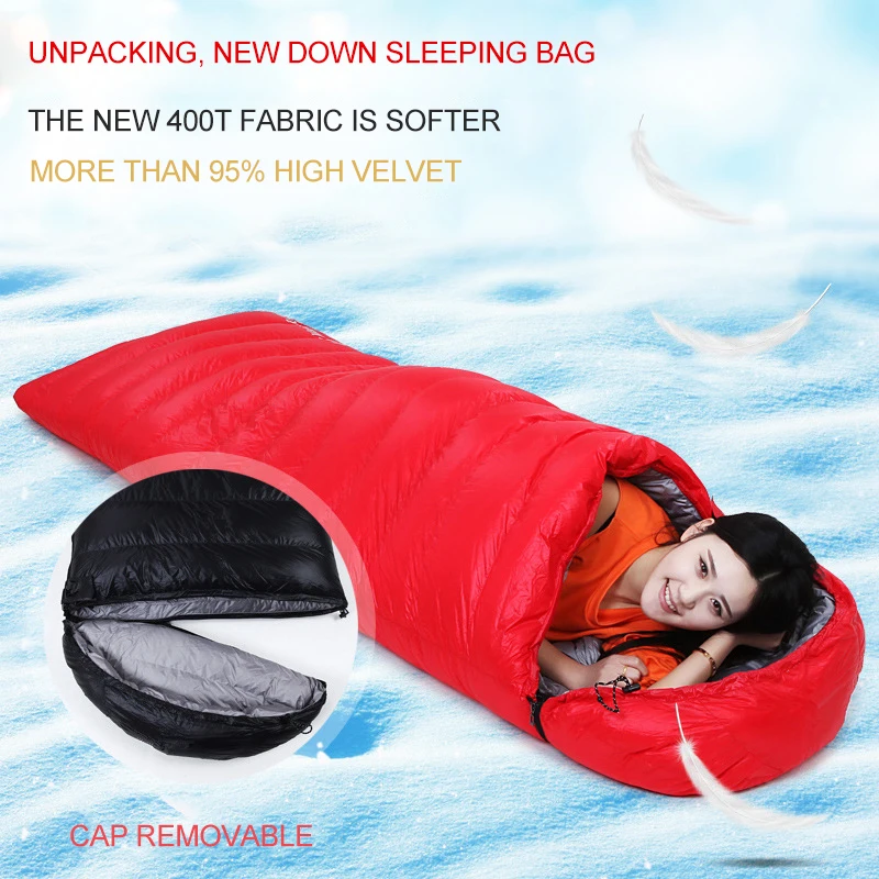 Promo  Four Seasons Outdoor Duck Down Sleeping Bag Ultra Light Removable Cap Camping Envelope Down Adult S