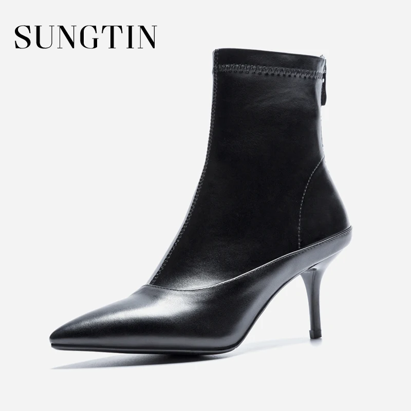 

Sungtin New Genuine Leather Women Ankle Boots Solid Black Pointed Toe Thin High Heel Short Boots Woman Fashion Handmade Booties
