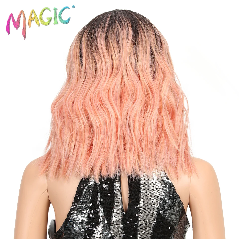 Волшебные волосы 14 дюймов Омбре розовые волнистые парики передние волосы на кружеве синтетические парики для черных женщин волнистые парики высокотемпературные волокна волос