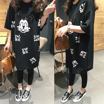 

Pregnant Women Dresses Mouse Cartoon Print Short Sleeve Dress Clothing Mommy Summer Tshirt Black Maternity Plus Size XL-4XL