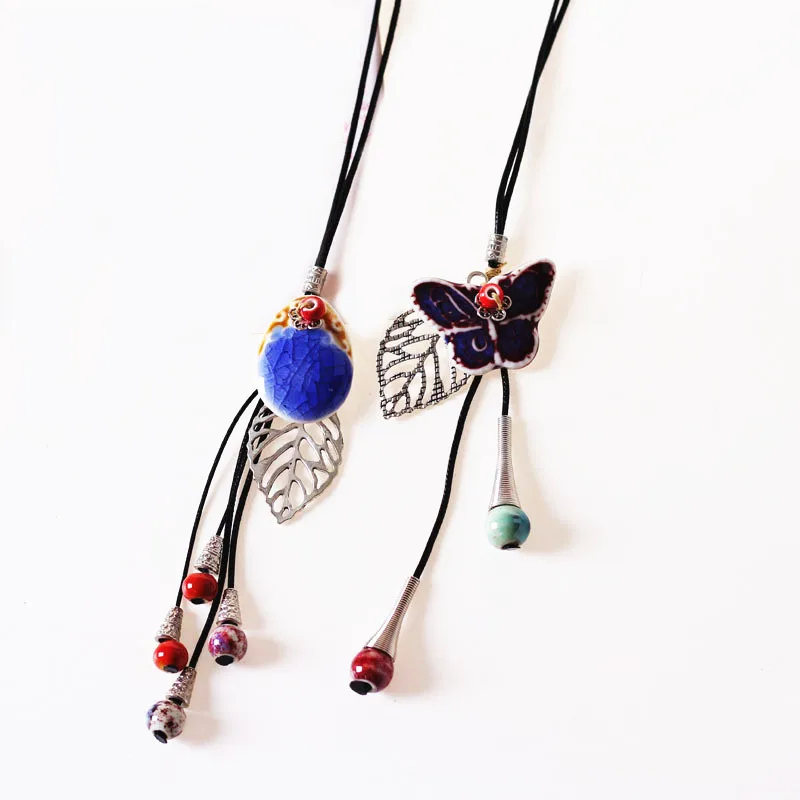 

Fashion Ethnic Style Ceramic Necklace Handmade Porcelain Beads Wax Rope Sweater Necklace For Women Girl's Gift