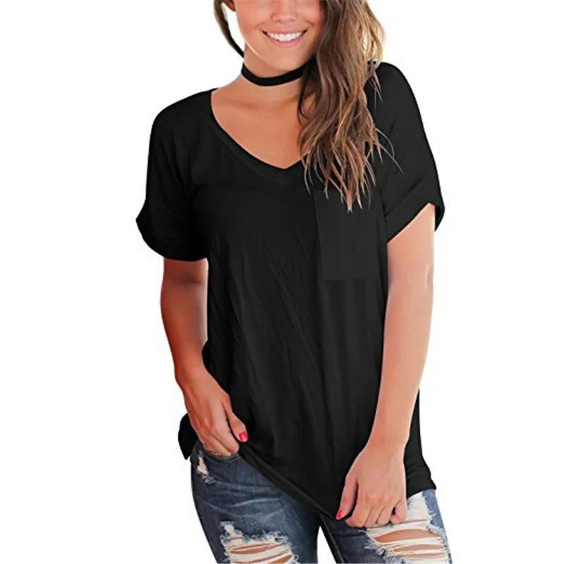 Модальная Летняя женская футболка с v-образным воротником и карманом, однотонная повседневная женская футболка с короткими рукавами, большие модные топы для - Цвет: Черный