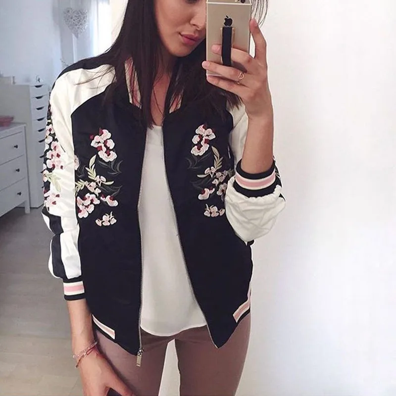 AZULINA Reversible Jacket Coat Floral Embroidered Bomber Jacket Women Autumn Flower Baseball Basic Jacket Female Black Coat 2018