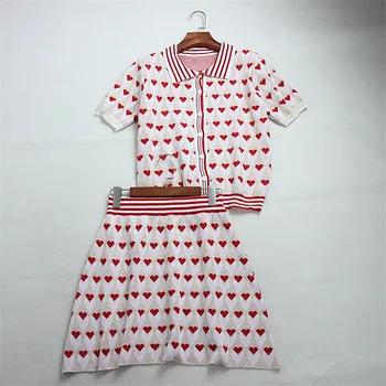 

Runway Sweater Skirt 2 Piece Set for Women Turn-down Collar Single Breasted Heart Knitted Short Sleeve Tops A Line Skirt Suit