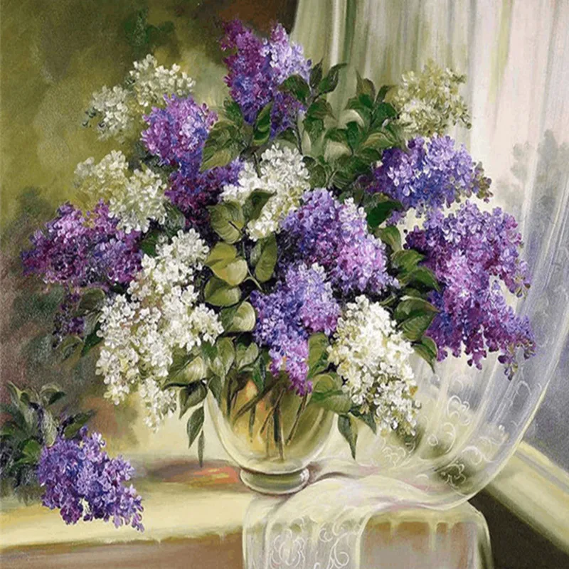 

mosaic pattern beaded embroidery purple and white lilac flower vase full 5d drill diamond painting decoration rhinestone picture