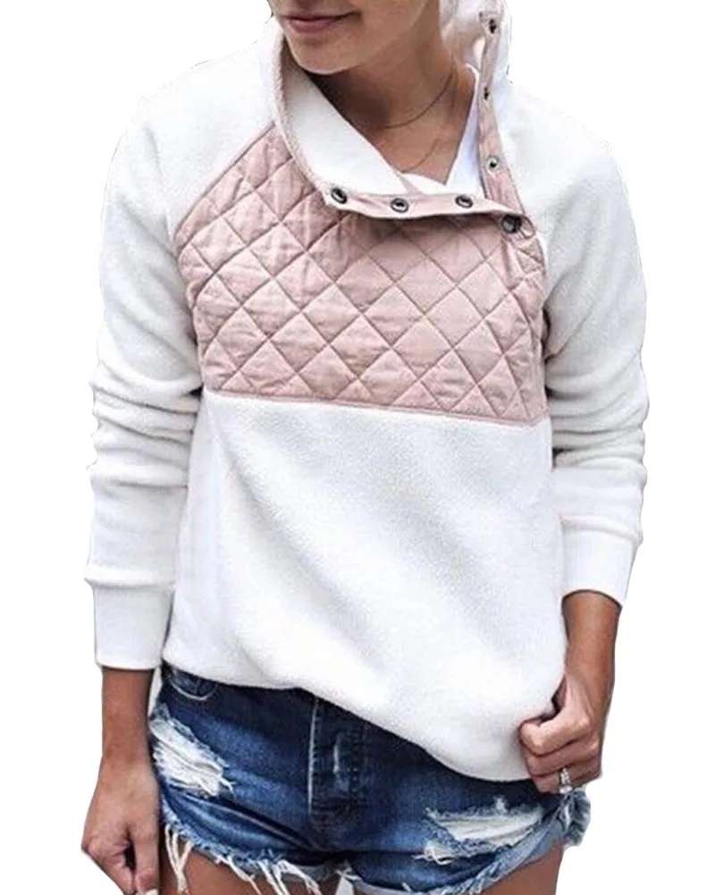 

Hitmebox Autumn Winter Casual Women Snap Collar Patchwork Fleece Tops Fuzzy Color Block Long Sleeve Warm Sweater Jumper Coats