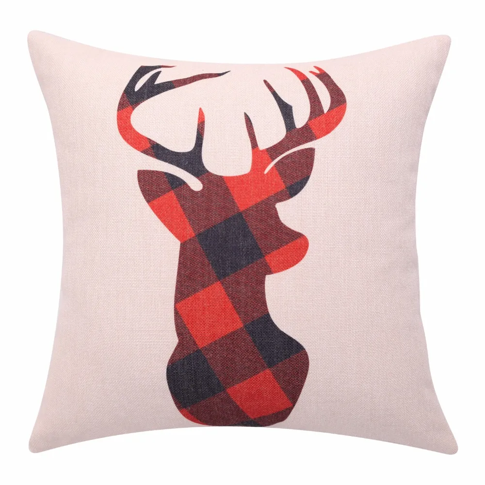 Buffalo Plaid Cushion Covers Red Deer Decorative Pillow Cases Linen Throw Pillow Cover Christmas