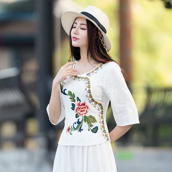 

Cotton And Linen Spring And Autumn Embroidery Blouse Chinese Collar Blouses Ethnic Shirt Vintage Plus Size Women Tops